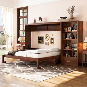 English Elm Queen Murphy Wall Bed with Folding Platform Side Cabinet Drawer and Adjustable Shelves Walnut N733S407545D