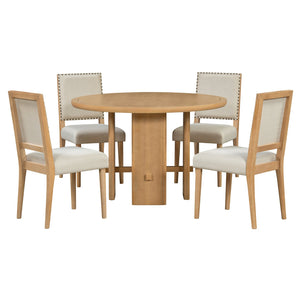 English Elm TREXM 5-Piece Round Dining Set for 4 — Minimalist Farmhouse Table with Upholstered Solid Wood Chairs Beige+Natural ST000148AAE