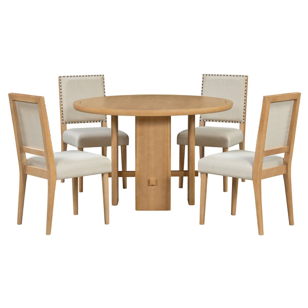 English Elm TREXM 5-Piece Round Dining Set for 4 — Minimalist Farmhouse Table with Upholstered Solid Wood Chairs Beige+Natural ST000148AAE
