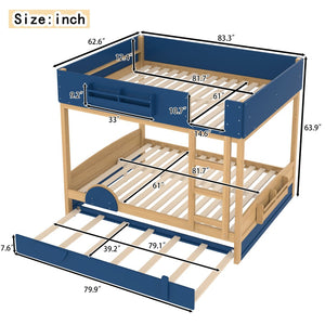 English Elm Queen Bunk Bed with Trundle Solid Pine Kids Car Themed Frame Built-in Bookshelf Blue,Natural W1580S00447