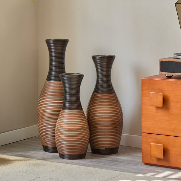 English Elm Set of 3 designer floor vases in Grey+Brown PVC, modern rattan-look tall decor for hallways & living rooms W2796P261496