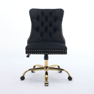 English Elm A&A Velvet Tufted Office Chair with Hand-Pulled Buttons, Nailhead Trim & Golden Metal Base, Luxe Comfort Black W1143P292465