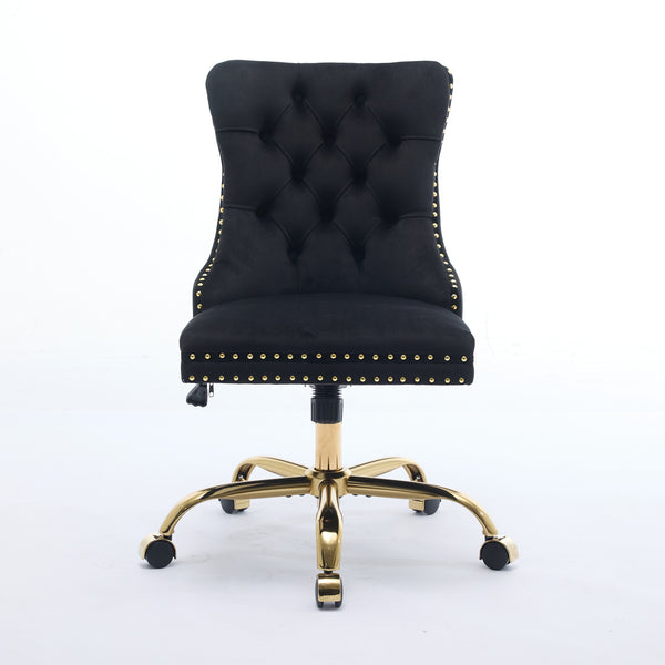 English Elm A&A Velvet Tufted Office Chair with Hand-Pulled Buttons, Nailhead Trim & Golden Metal Base, Luxe Comfort Black W1143P292465