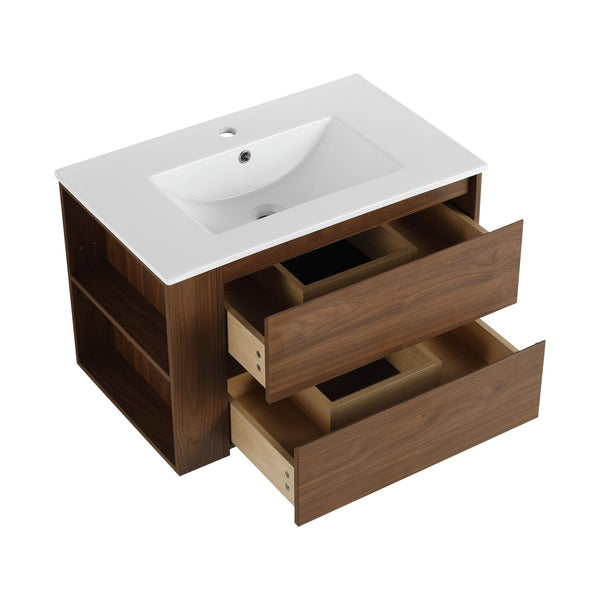 English Elm 30" Wall Mount Bathroom Vanity With Ceramic Sink & Soft-Close Drawers For Modern Storage Solutions W999S00207