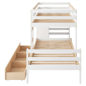 English Elm Twin Loft Bunk Bed with Built-In Drawers and Ladder, Space-Saving Twin over Twin Pine MDF Design Natural GX000424AAN