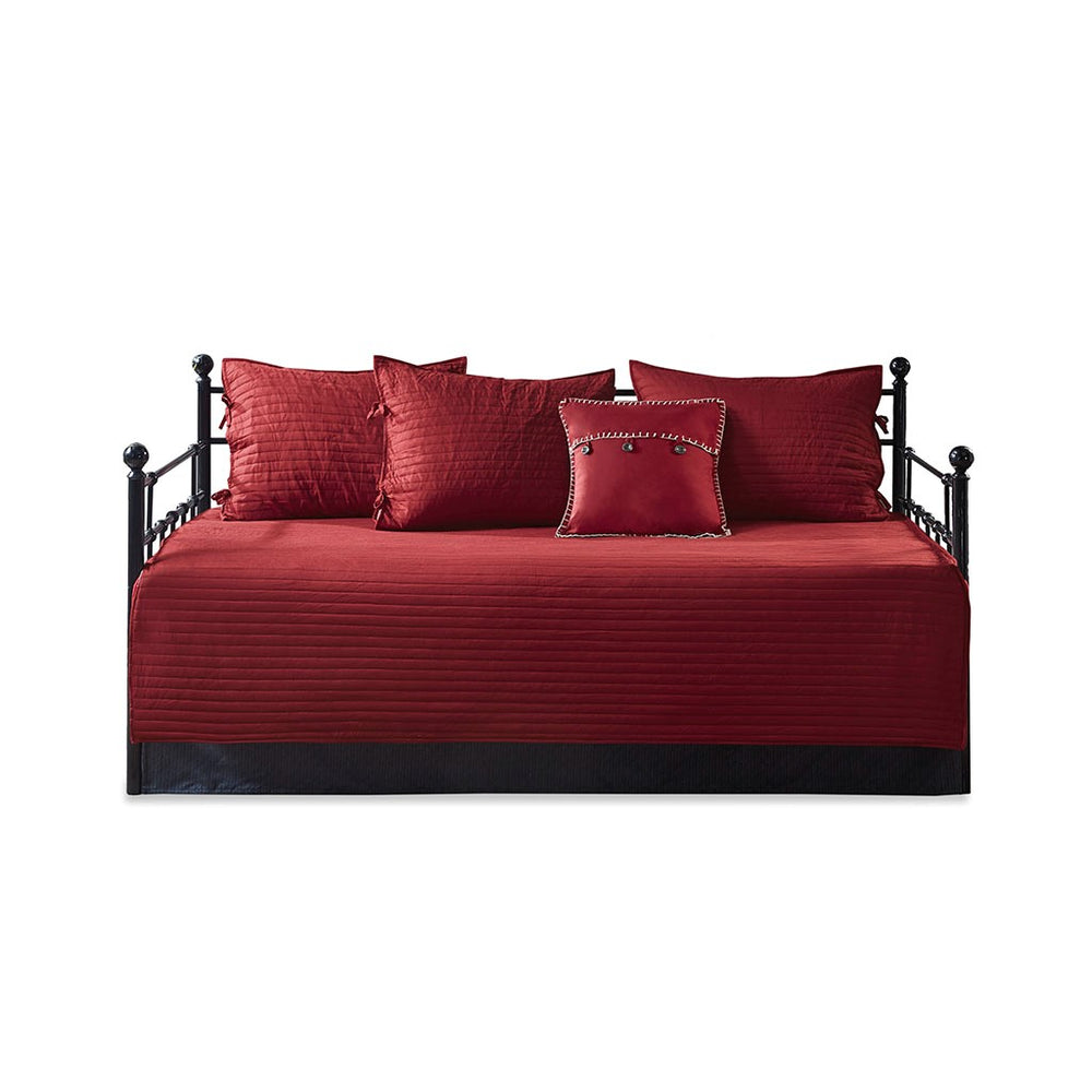 English Elm 6 Reversible Plaid Daybed Cover Set Red & Black Herringbone Quilt Twin Cabin Style Bedding Set B03597555