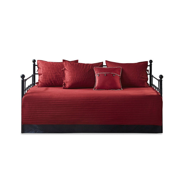 English Elm 6 Reversible Plaid Daybed Cover Set Red & Black Herringbone Quilt Twin Cabin Style Bedding Set B03597555
