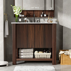 English Elm Christopher Knight Home® - 36" Modern Wall-Mounted Bathroom Vanity with Ceramic Sink, Soft-Close Doors, Fluted Accent & Open Shelves Antique brown N817P245321B