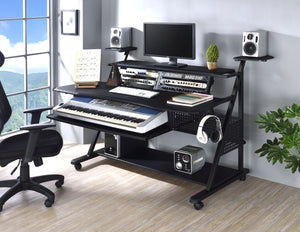 English Elm Willow Black Finish Music Desk with Keyboard Tray, Speaker Shelves, Cable Management & Wheels B2726P265725