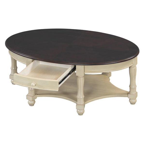 English Elm Vintage Oval Coffee Table With Drawer & Storage Shelf - French Country Charm For Living Rooms N735P277388K-GIGA