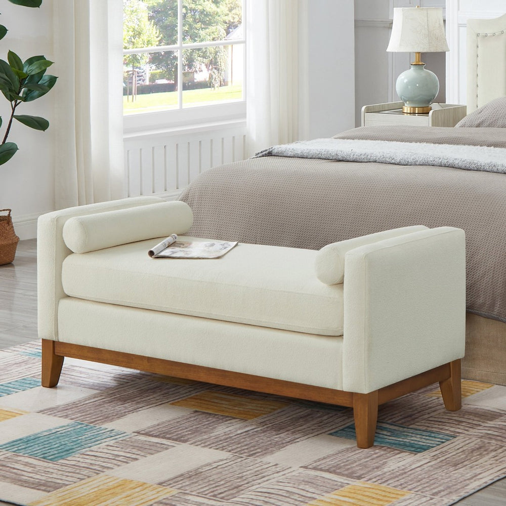 English Elm Large Boucle Upholstered Window Bench with Armrests and Throw Pillows for Entryway Beige W2186P454321