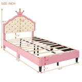 English Elm Twin Size Lovely Crown Fantasy Pu Leather Princess Bed With Tufted Headboard, Pink+Cream