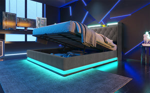 English Elm King Upholstered Bed with Surround LED, App/Remote Control, Hydraulic Storage, USB Type-C Charging Gray N736P188808G