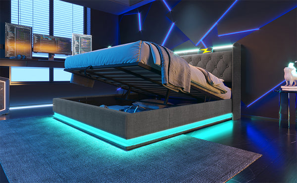 English Elm King Upholstered Bed with Surround LED, App/Remote Control, Hydraulic Storage, USB Type-C Charging Gray N736P188808G
