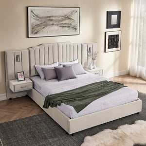 English Elm Queen Velvet Platform Bed with Tufted Headboard Integrated Nightstands and Striped Design Beige W487S00440