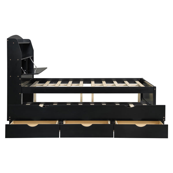 English Elm Full Size Wooden Led Platform Bed With Trundle, Storage Headboard & Usb Charging In Espresso Finish N820S10009D