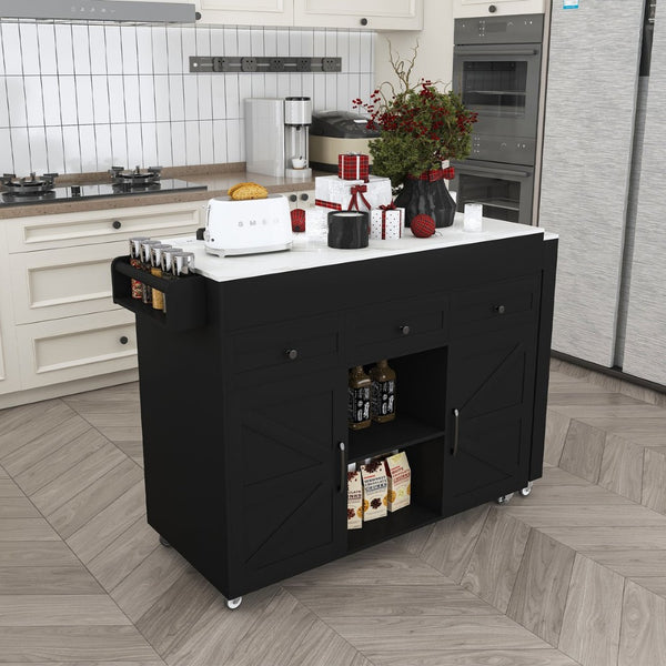 English Elm 74.8" Rolling Kitchen Island Extendable Marble Veneer Top with Power Outlet and Storage W2700S00106