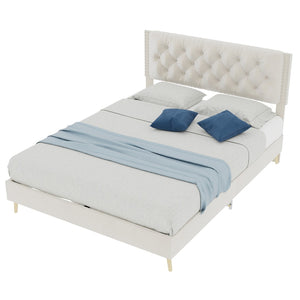 English Elm Suede Tufted Platform Bed Full Size Upholstered Headboard for Restful Bedroom Retreat Beige W1935P361000
