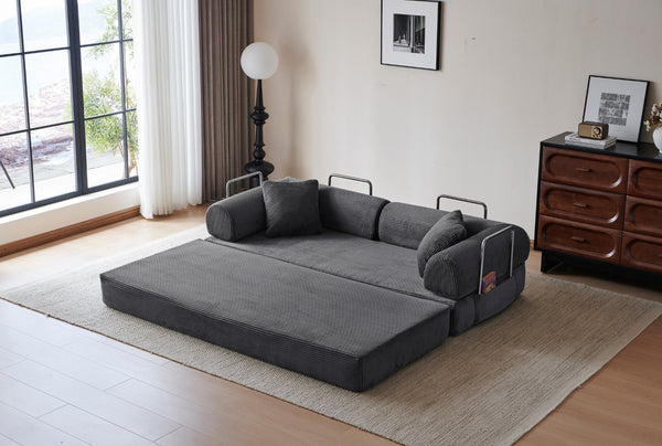 English Elm 78.8" Corduroy Modular Floor Sofa Convertible Sleeper Futon with Pillow Back Support Gray W5617P456004