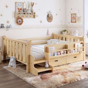 English Elm Twin Kids Platform Bed with Trundle Staircase Bookshelf and Rounded Safety Rails Light Natural W1580S00541