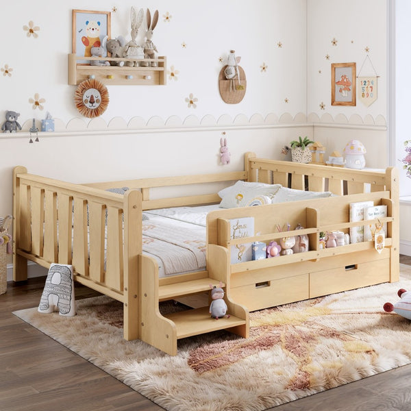 English Elm Twin Kids Platform Bed with Trundle Staircase Bookshelf and Rounded Safety Rails Light Natural W1580S00541