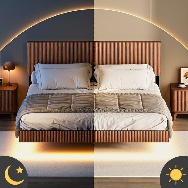 English Elm Oak Queen Floating Bed Walnut Finish Wavy Headboard Led Lighting Built in Charging W1820P408090
