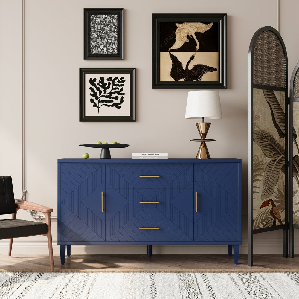 English Elm Stylish 4-Door Storage Cabinet with Pine Legs and MDF Veneer — Mid-Century Console for Living Rooms Navy Blue W757P144374