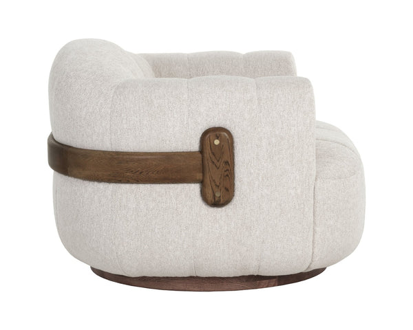 Sunpan TADEO Swivel Armchair - Exquisite Dove Cream Upholstery with Warm Brown Oak Base & Brass Accents 112269