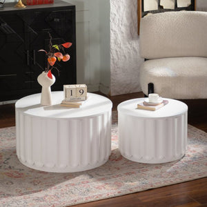 English Elm White Nesting Coffee Table Set with Hidden Storage and Curved Minimalist Design W3081P389057