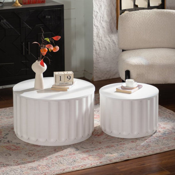 English Elm White Nesting Coffee Table Set with Hidden Storage and Curved Minimalist Design W3081P389057