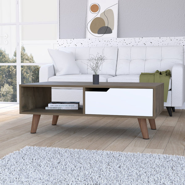 English Elm Hamburg Modern Coffee Table 2.0 – Dark Brown & White, Spacious Top, Open Shelf & Drawer Storage B128P148918