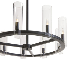 Sunpan CLARABELLE Chandelier - Elegant Black Metal Wheel Design with Clear Glass Shades for Warm Glow 107927