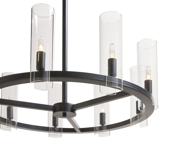 Sunpan CLARABELLE Chandelier - Elegant Black Metal Wheel Design with Clear Glass Shades for Warm Glow 107927