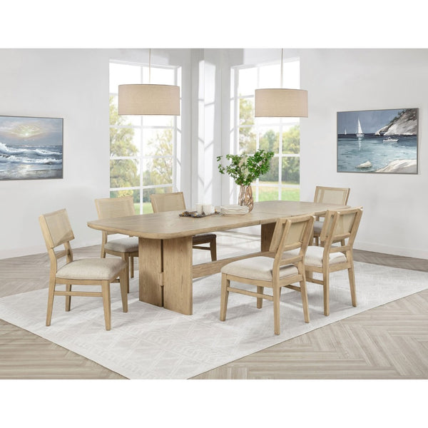 English Elm Beige Oak Coastal Dining Set with Cane Back Chairs and Extension Leaf Seats Six B062S01847