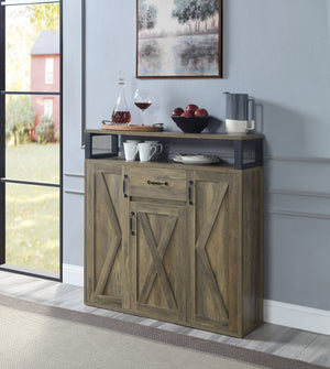 English Elm Abiram Rustic Oak Finish Server with 15-Bottle Wine Rack, Cup Holder, 3 Drawers & Adjustable Shelves B2726P256329