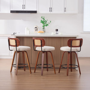 English Elm Set of 2 Swivel Counter Stools Walnut Frame Rattan Back Linen Seat Kitchen Island Beige W1143P392163
