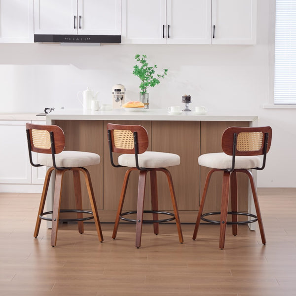English Elm Set of 2 Swivel Counter Stools Walnut Frame Rattan Back Linen Seat Kitchen Island Beige W1143P392163