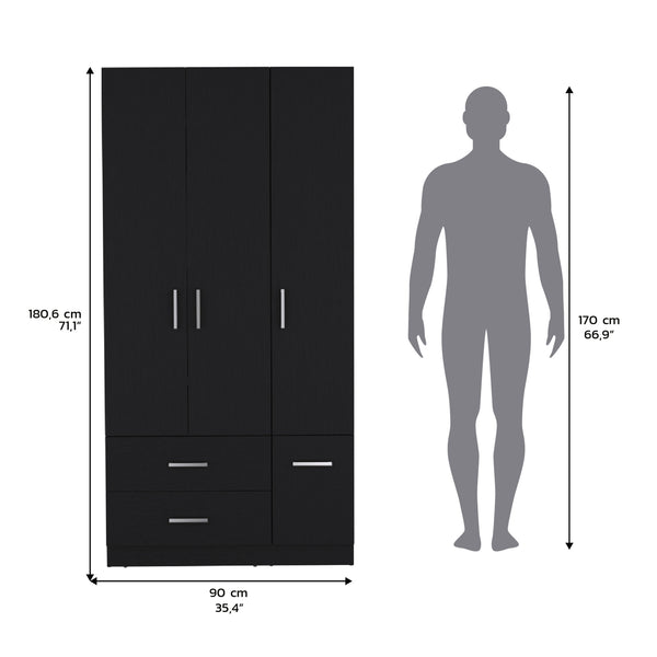 English Elm Armoire Melfa 71" H with 2 doors, 3 drawers and hanging rod for organized, elegant bedroom storage Black 41 L x 23 W x 6 H B097S00124