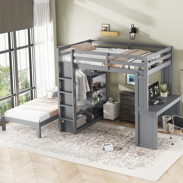 English Elm Full Solid Wood Loft Bed with Removable Lower Bed, Built-In Desk, Shelves & Wardrobe for Space-Saving Designs Grey W1580S00212