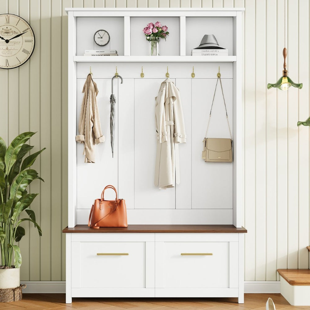 English Elm On-trend Entryway Hall Tree with Gold Hooks Bench Drawers and Shoe Cabinet Storage White N721S000056K-1