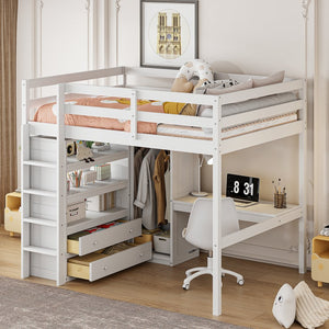 English Elm Wood Full Size Loft Bed with Built-In Desk, Wardrobe, Shelves & Drawers for Space-Saving Rooms White GX000466AAK