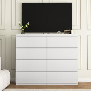 English Elm 8 Drawer Tall Chest Slim Particleboard Build Smooth Gliding Storage for Bedroom Closet White W409S00030