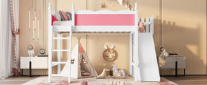 English Elm Full Loft Bed With Detachable Slide, Storage Shelves, And Cabinet In Pink & White – Fun & Functional! W1580S00245