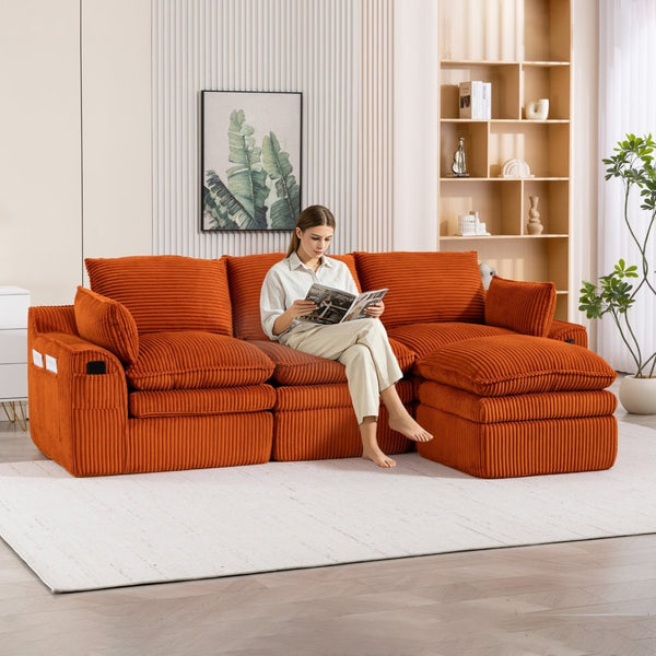 English Elm L Shaped Corduroy Modular Sectional with Cloud Cushions Footstool and Lumbar Pillows Orange W395S00137