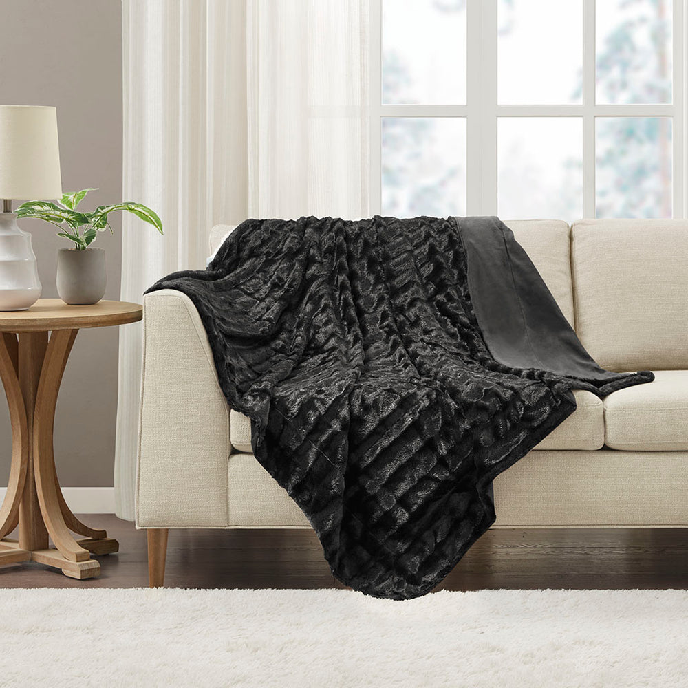 JLA Home Madison Park - Long Faux Fur Throw with Silky Micro-Fur Reverse, OEKO-TEX Certified, Lightweight Cozy 50x60 Inches Black MP50-453