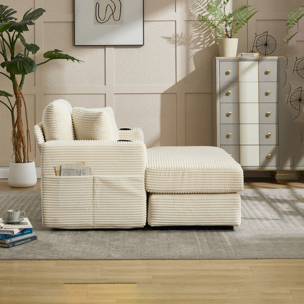 English Elm [New]Corduroy Chaise Lounge Sofa with Cup Holders,Detachable Cushions,Deep SeatMagazine Bag Beige W2120P322752