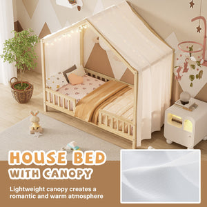 English Elm Montessori House Bed Frame Twin with Canopy & Full Guardrails, Cozy Kids Platform Bed for Toddlers Natural 81.5 L x 16 W x 6.6 H N733P356043M