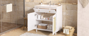 English Elm 30" Rattan Front Bathroom Vanity Solid Pine Cabinet with Ceramic Sink and Adjustable Shelf White N710P293988K