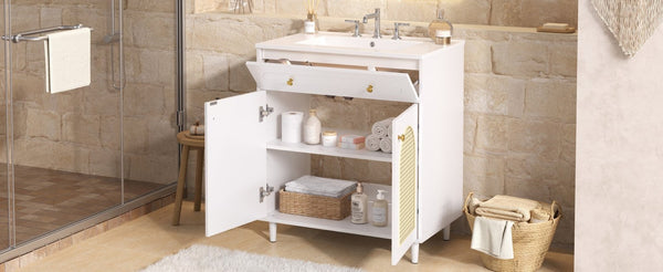 English Elm 30" Rattan Front Bathroom Vanity Solid Pine Cabinet with Ceramic Sink and Adjustable Shelf White N710P293988K