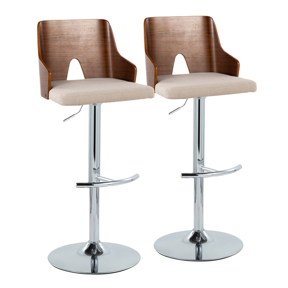 English Elm Ariana Mid-Century Adjustable Swivel Barstool Set of 2 - Walnut Wood Back, Beige Fabric, Chrome Base, T-Footrest B202S00738